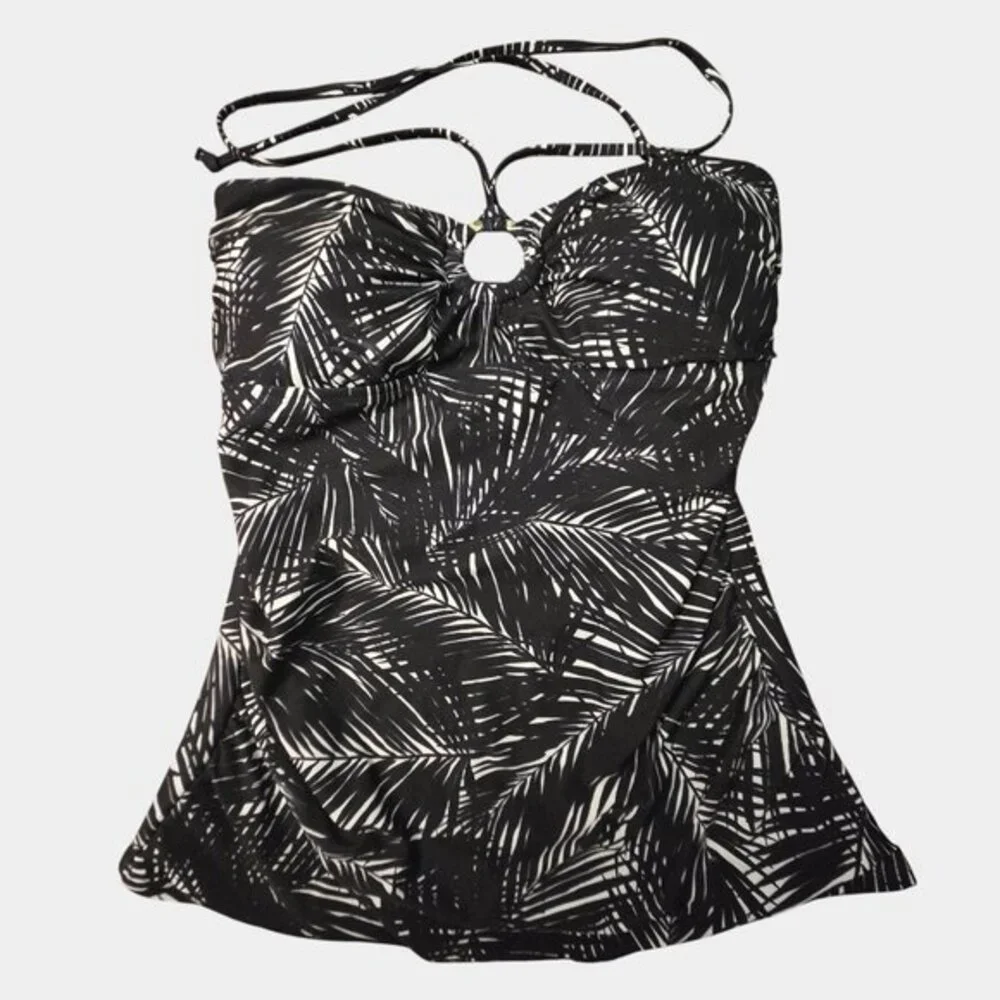Michael Kors Logo-Ring Tropical Leaf Print Halter Tankini Top S Swimwear NWT